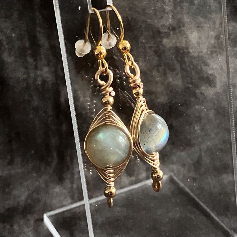 CLEAROUT 🔥 Natural Labradorite Wire Wrapped Earrings - Gold Stainless Steel - Picture 2 of 9